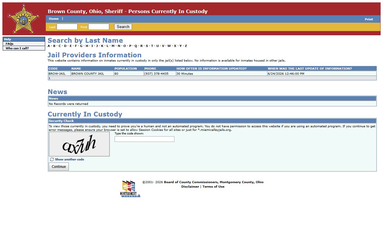 Brown County inmate population roster provider summary for current custody search