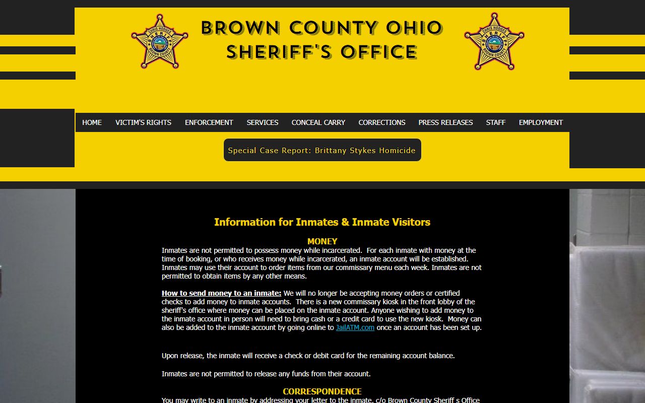 Brown County inmate records visitor information for jail visitation and commissary